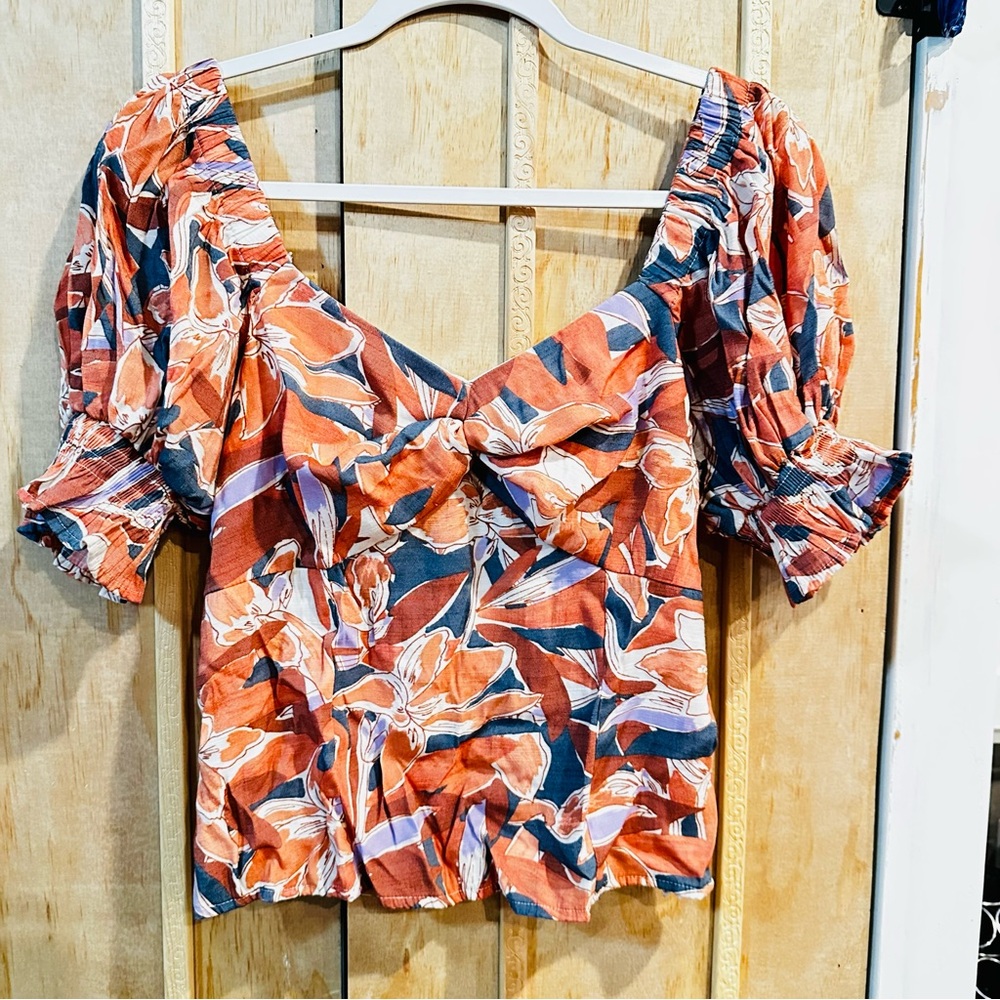 Nine West Floral Puff Sleeve Blouse – Square Neck, Smocked Back – Size L